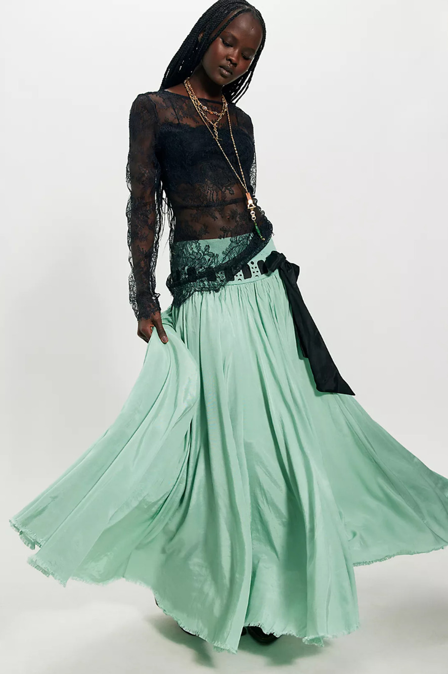 Free People HARLOW A-Line Ribbon Bow Maxi Skirt in Mint Green Size XS NWOT $198